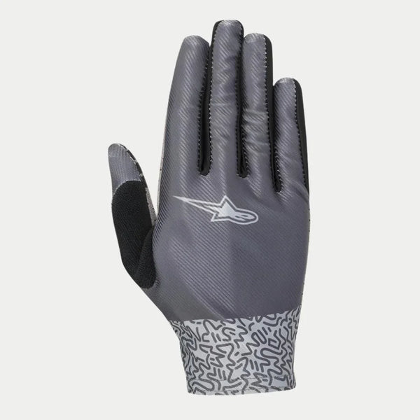 Alpinestars Women Stella Alderex Pro Gloves, MTB Gloves, Anthracite Gray, featuring a diagonal textured backhand with a white Alpinestars logo, black terry cloth thumb patch, and abstract patterned cuff, off-road cycling gear