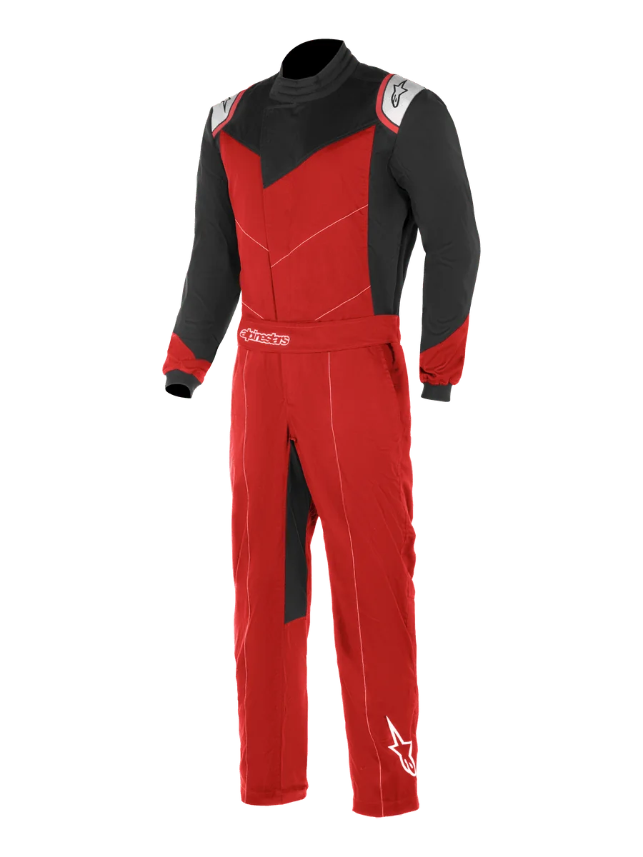 Alpinestars Kart Indoor Suit, Karting Racing Suit, Red and Black with White Accents, black sleeves and upper chest panels, red torso and legs, featuring an asymmetric front opening and adjustable waist belt