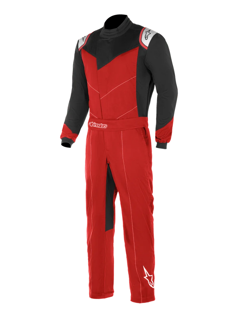 Alpinestars Kart Indoor Suit, Karting Racing Suit, Red and Black with White Accents, black sleeves and upper chest panels, red torso and legs, featuring an asymmetric front opening and adjustable waist belt