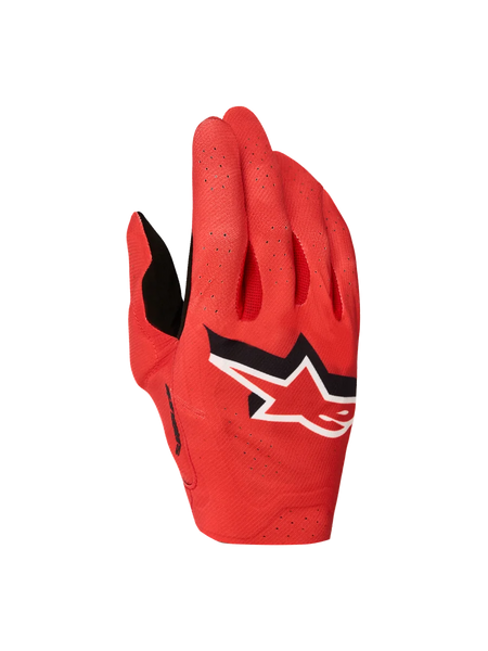 Alpinestars Supertech MX Gloves 2027, fire red motocross racing gloves with black and white star logo and laser perforations.