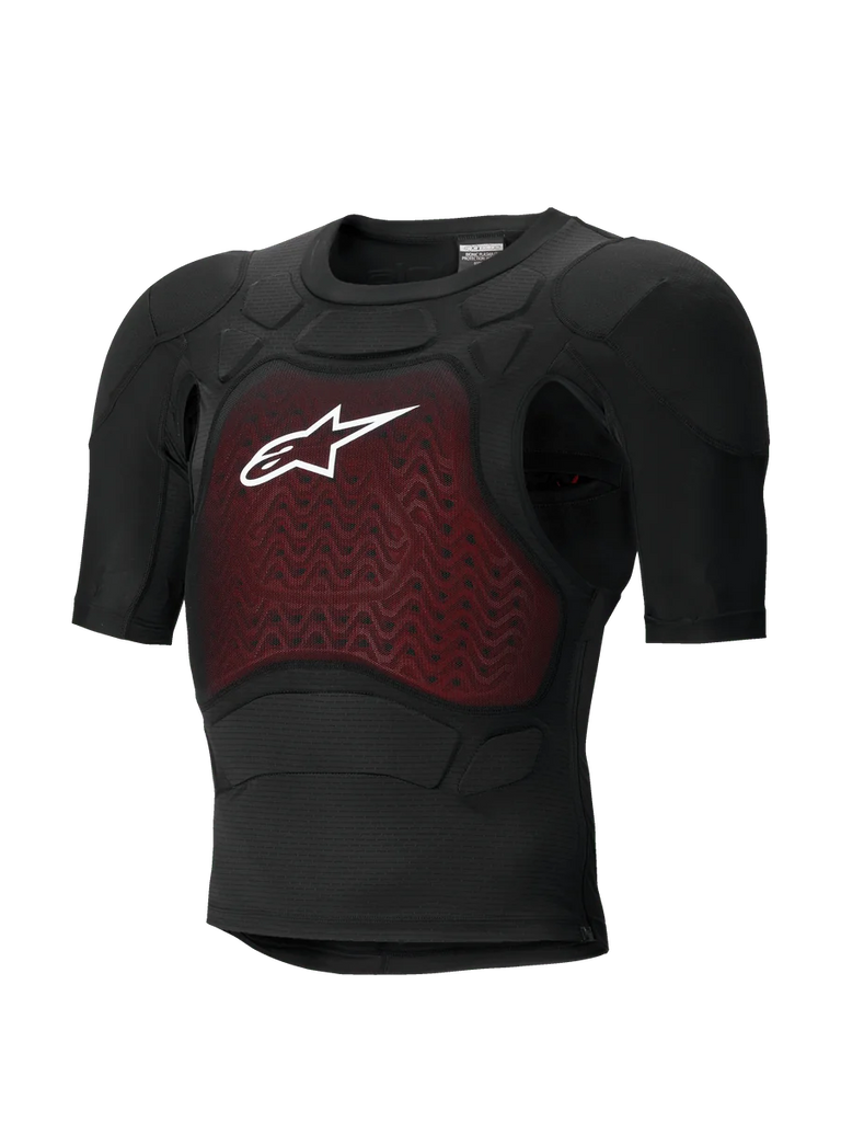 Alpinestars Bionic Plasma LT Protection Jacket - Short Sleeve, Black and Red, motorcycle body armor with CE-certified protective padding, lightweight breathable mesh chassis, featuring a red textured chest panel and white Alpinestars logo