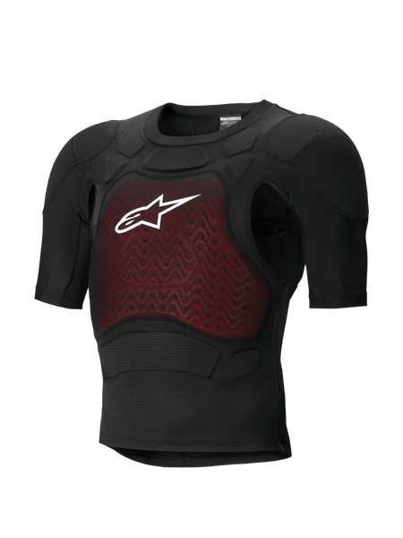 Alpinestars Bionic Plasma LT Protection Jacket - Short Sleeve, Black and Red, motorcycle body armor with CE-certified protective padding, lightweight breathable mesh chassis, featuring a red textured chest panel and white Alpinestars logo
