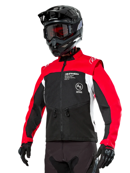 Alpinestars Pro-Dura Jacket, Off-Road Enduro Motorcycle Jacket, Black with Bright Red and White color blocking, worn by a rider with a black helmet and goggles, featuring front zippered pockets and Alpinestars branding, durable textile construction for trail riding