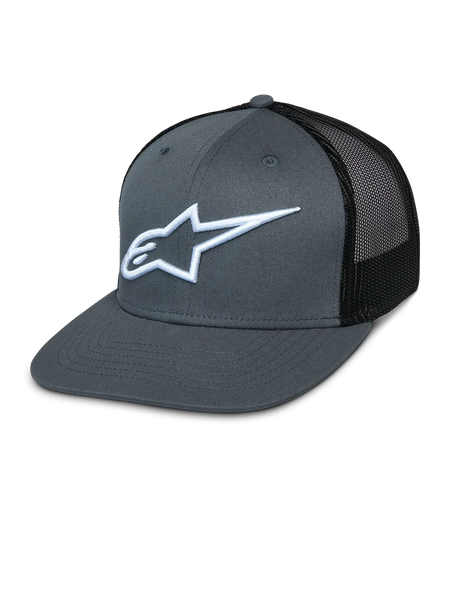 Alpinestars Corp Trucker Cap, Gray Front and Black Mesh Back, White Embroidered Star Logo, Flat Bill, Structured Crown, Breathable Mesh Back Panel