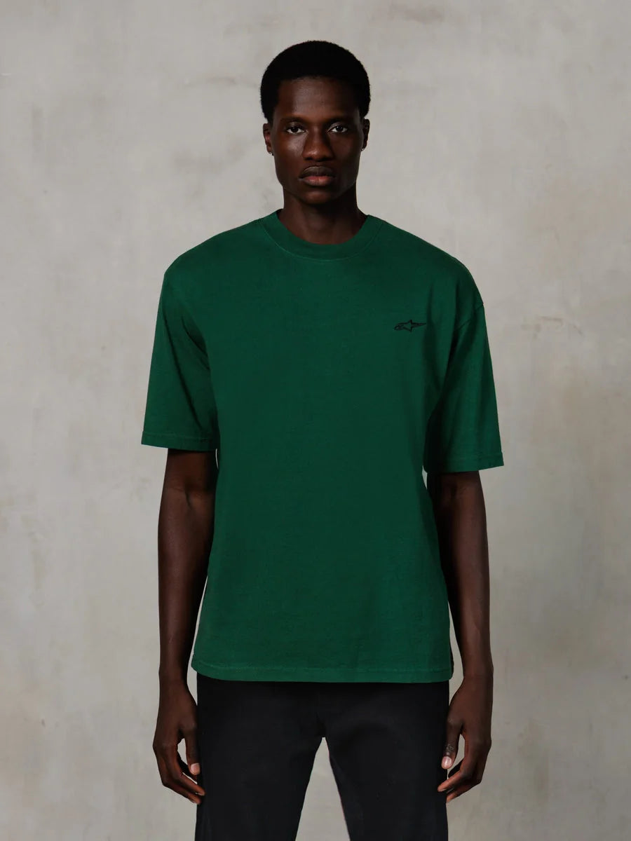 Alpinestars Essentials Ageless SS Tee, Short Sleeve T-Shirt, Pine Green, featuring a small black chest logo, relaxed fit, casual lifestyle streetwear