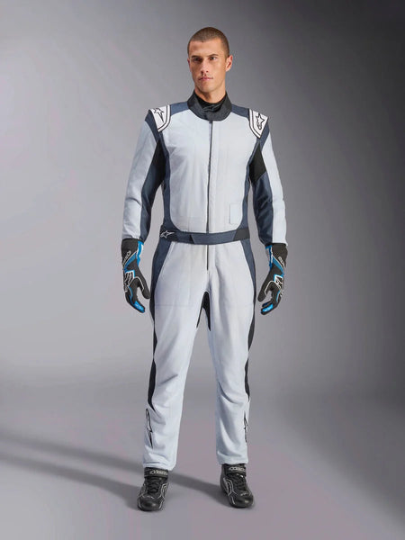 Alpinestars GP Pro Comp V2 FIA Suit, Silver Blue and Asphalt auto racing suit, FIA certified aramidic design, on model.