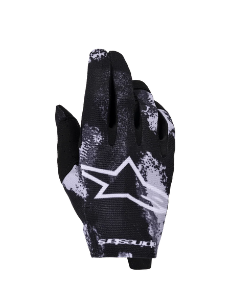 Alpinestars 2026 Radar Gloves, Motocross Gloves, Iron Camo Black and White, featuring a large white star logo, sublimated camouflage pattern, lightweight stretch fabric for off-road racing