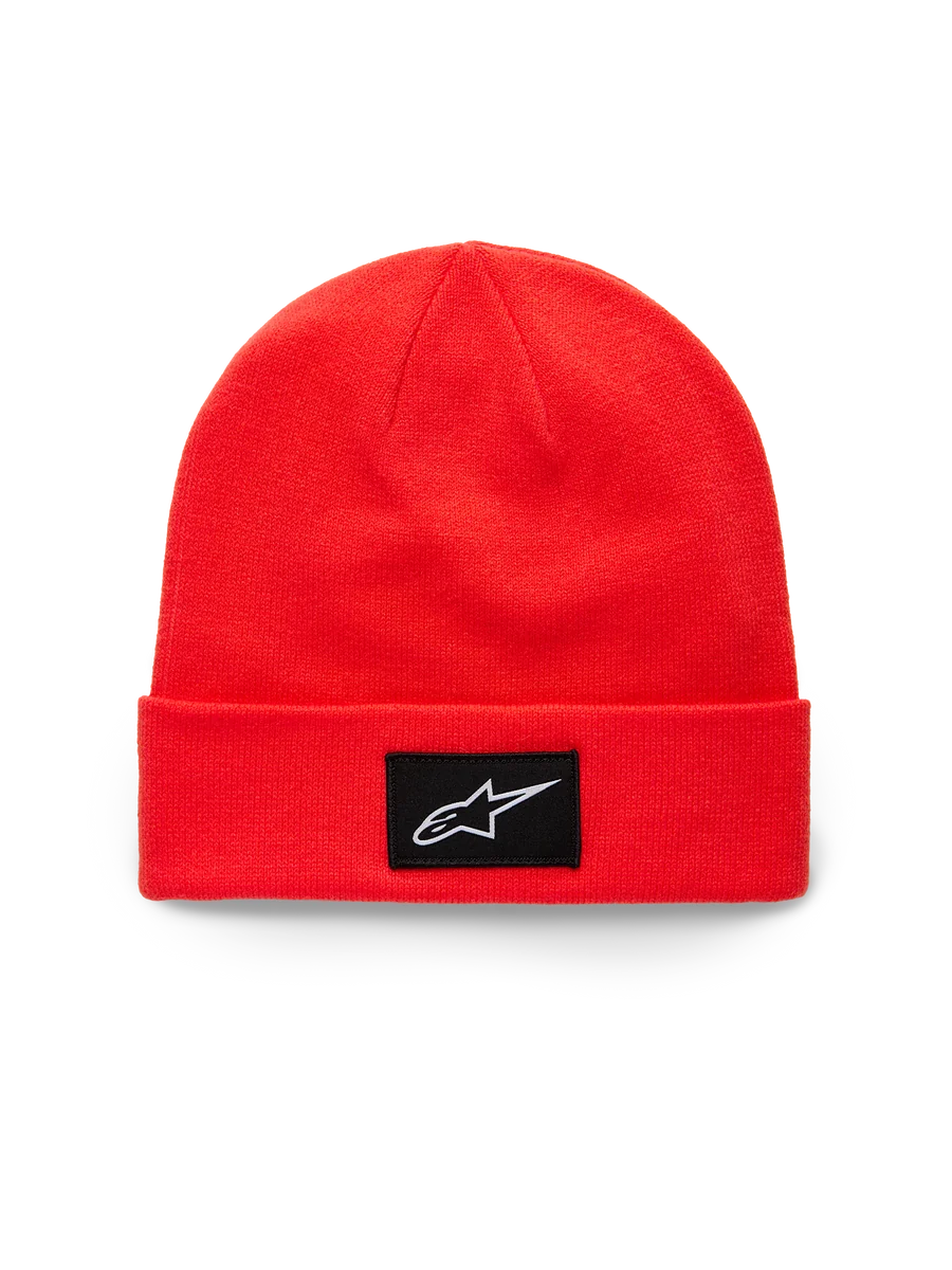 Alpinestars Augment Cuff Beanie, Bright Red cuffed knit beanie, featuring a black woven patch with a white Astars logo, casual sportswear