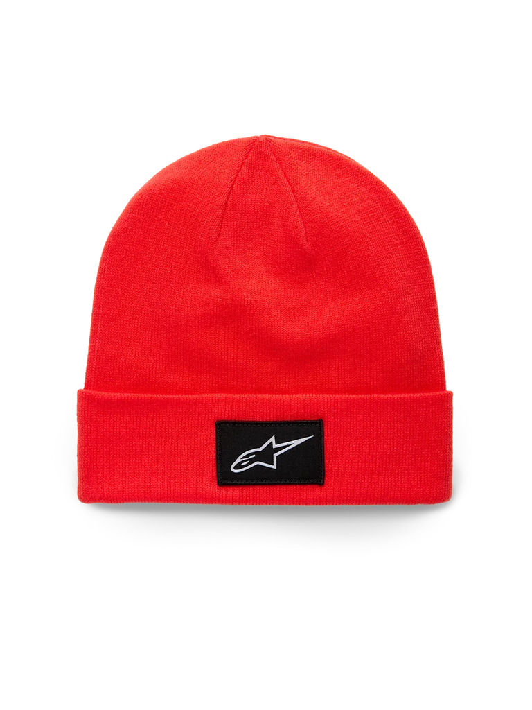 Alpinestars Augment Cuff Beanie, Bright Red cuffed knit beanie, featuring a black woven patch with a white Astars logo, casual sportswear