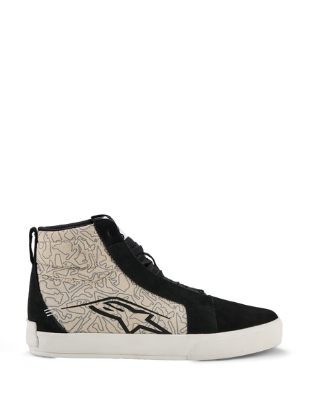 Alpinestars Ride-63 Canvas Shoes, urban motorcycle shoes, Black and Cool Gray with White sole, high-top skate-inspired design featuring patterned textile side panels and black suede overlays, large black Alpinestars logo, vulcanized rubber sole