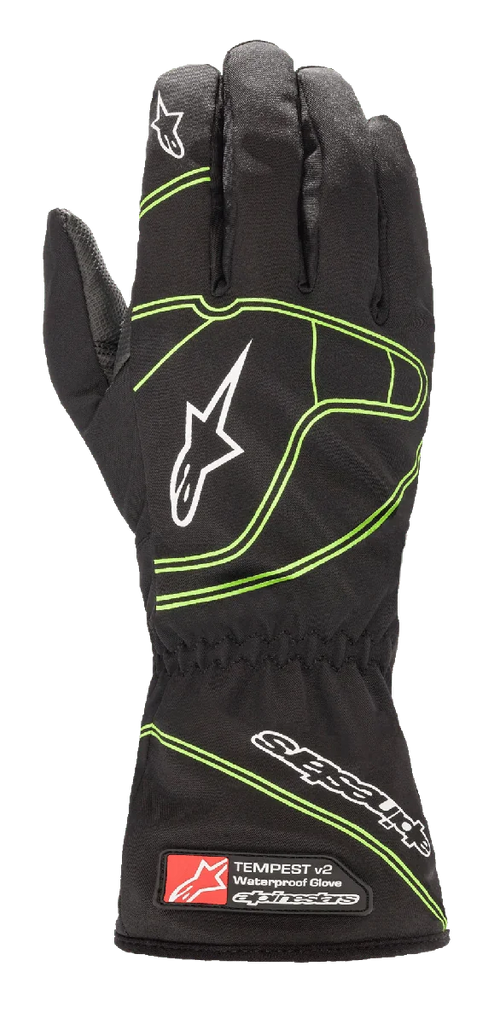 Alpinestars Youth Tempest V2 Waterproof Gloves, Black with Fluorescent Green accents, featuring a long gauntlet cuff with elasticated wrist, white star logos on fingers and back of hand, waterproof textile construction for youth karting