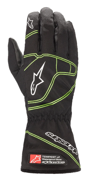 Alpinestars Youth Tempest V2 Waterproof Gloves, Black with Fluorescent Green accents, featuring a long gauntlet cuff with elasticated wrist, white star logos on fingers and back of hand, waterproof textile construction for youth karting