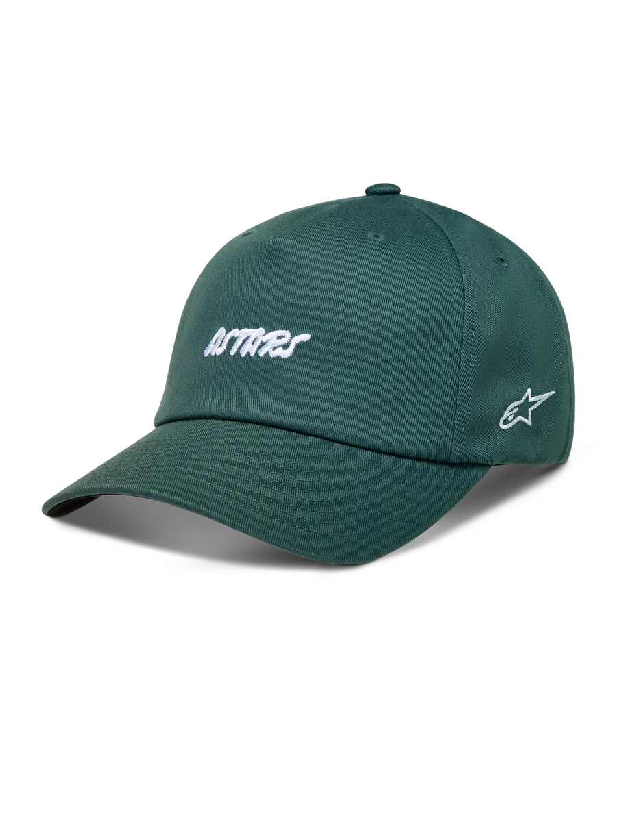 Alpinestars Explorer Strapback Hat, Green twill sportswear cap featuring white Astars embroidery and a curved bill.