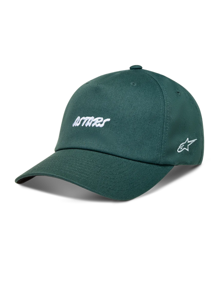 Alpinestars Explorer Strapback Hat, Green twill sportswear cap featuring white Astars embroidery and a curved bill.
