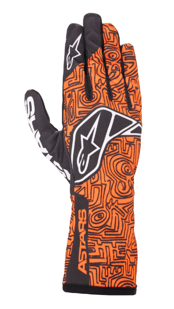 Alpinestars Tech-1 K Race V2 Vertical Gloves, Karting Racing Gloves, Orange Fluo and Black, featuring an intricate black maze-like geometric pattern, white Alpinestars logo on the back and index finger, ASTARS branding on the side wrist, lightweight breathable mesh design