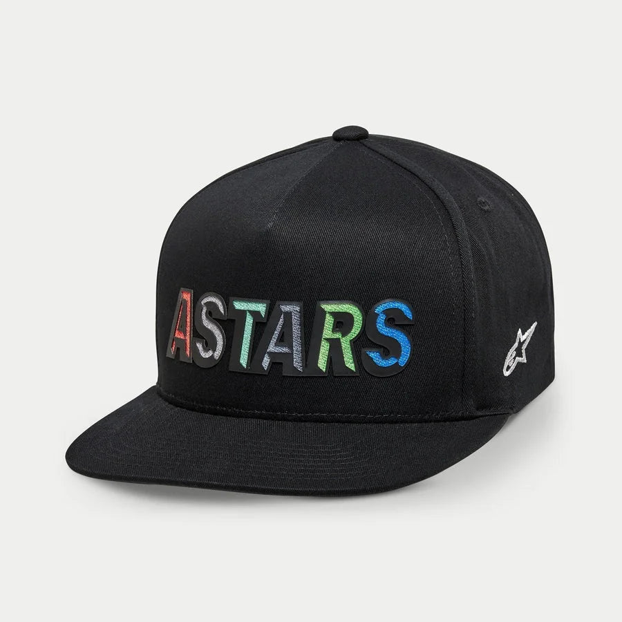 Alpinestars Candy Hat, Men's Sportswear Snapback, Black Ripstop with multi-color ASTARS logo embroidery and flat bill.