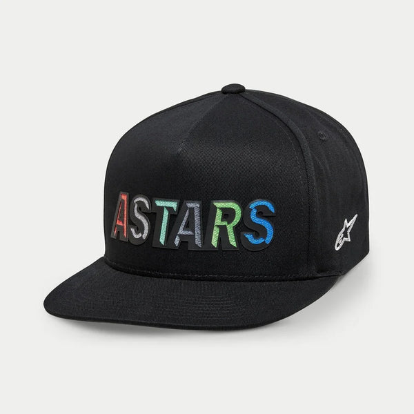 Alpinestars Candy Hat, Men's Sportswear Snapback, Black Ripstop with multi-color ASTARS logo embroidery and flat bill.
