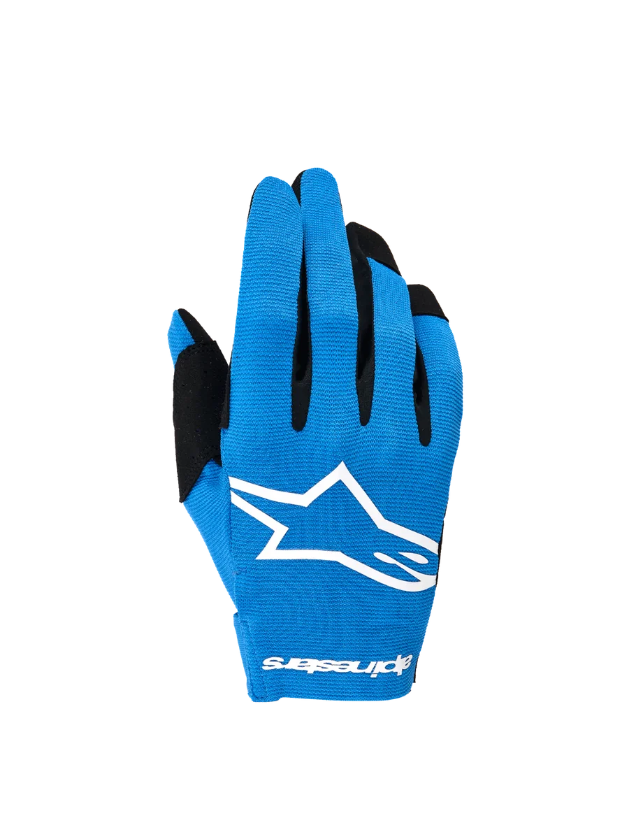 Alpinestars 2026 Radar Gloves, Men's blue and white motocross gloves with stretch backhand and white sublimated Astars logo.