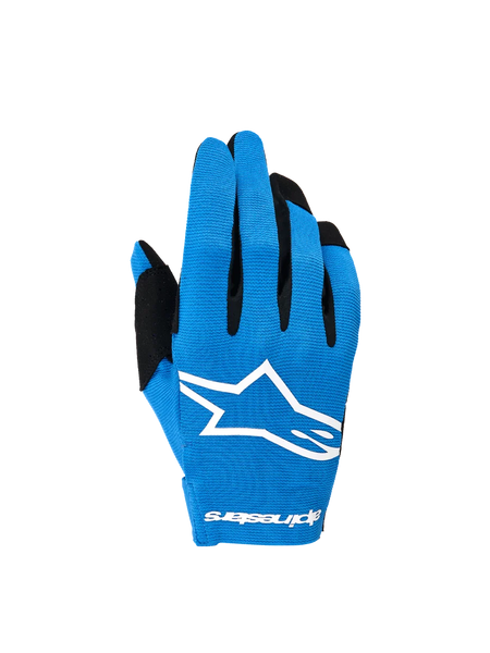 Alpinestars 2026 Radar Gloves, Men's blue and white motocross gloves with stretch backhand and white sublimated Astars logo.