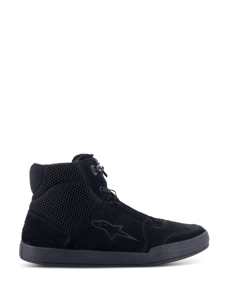 Alpinestars Chrome Air Shoe, Urban Motorcycle Riding Shoes, Black on Black, side view featuring split suede and mesh upper, high-top sneaker silhouette, casual protective footwear for road use
