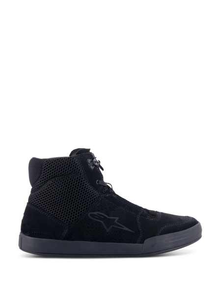 Alpinestars Chrome Air Shoe, Urban Motorcycle Riding Shoes, Black on Black, side view featuring split suede and mesh upper, high-top sneaker silhouette, casual protective footwear for road use
