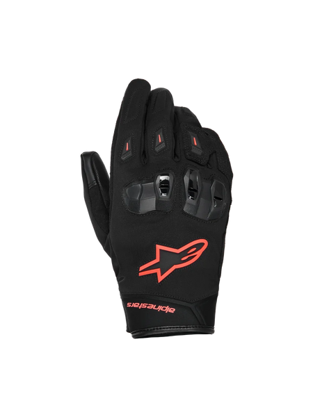 Alpinestars SP X Z Waterproof Gloves, Motorcycle Gloves, Black and Red Fluo, featuring divided TPU knuckle protectors with ventilation, bright red fluo logo on the back of the hand, and durable textile and leather construction for all-weather performance.