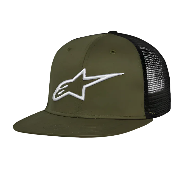Alpinestars Corp Trucker Hat, flat bill trucker hat, military green and black, white 3D embroidered Alpinestars logo on front, twill front and mesh back, casual motorsport headwear