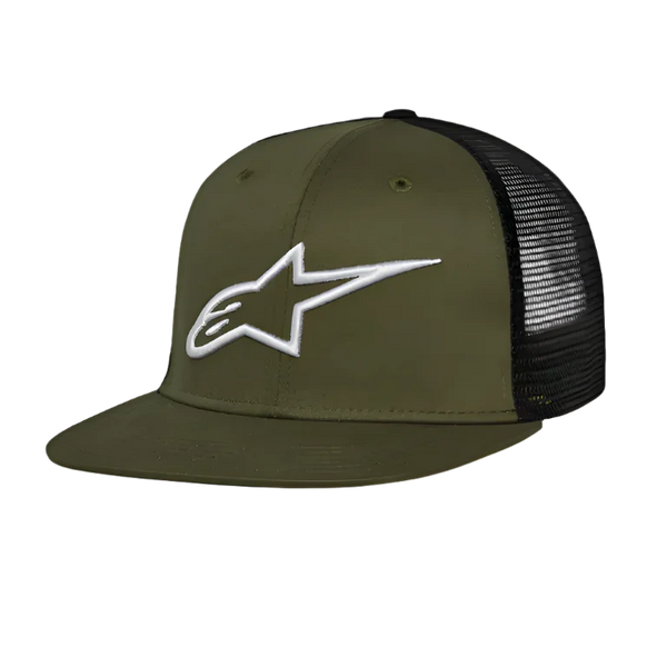 Alpinestars Corp Trucker Hat, flat bill trucker hat, military green and black, white 3D embroidered Alpinestars logo on front, twill front and mesh back, casual motorsport headwear
