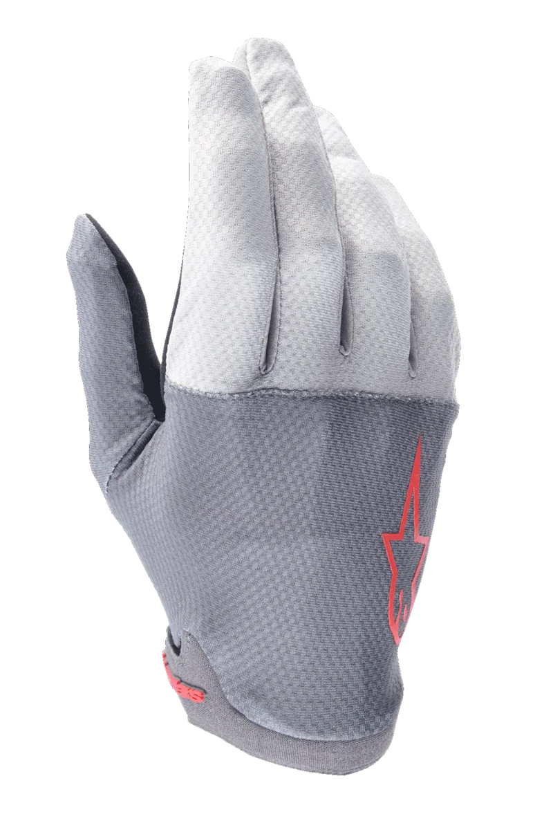Alpinestars A-Aria Gloves, MTB Cycling Gloves, Dark Gray and Light Gray with Red Accents, featuring a Red Star logo, ventilated stretch fabric, and lightweight flexible construction