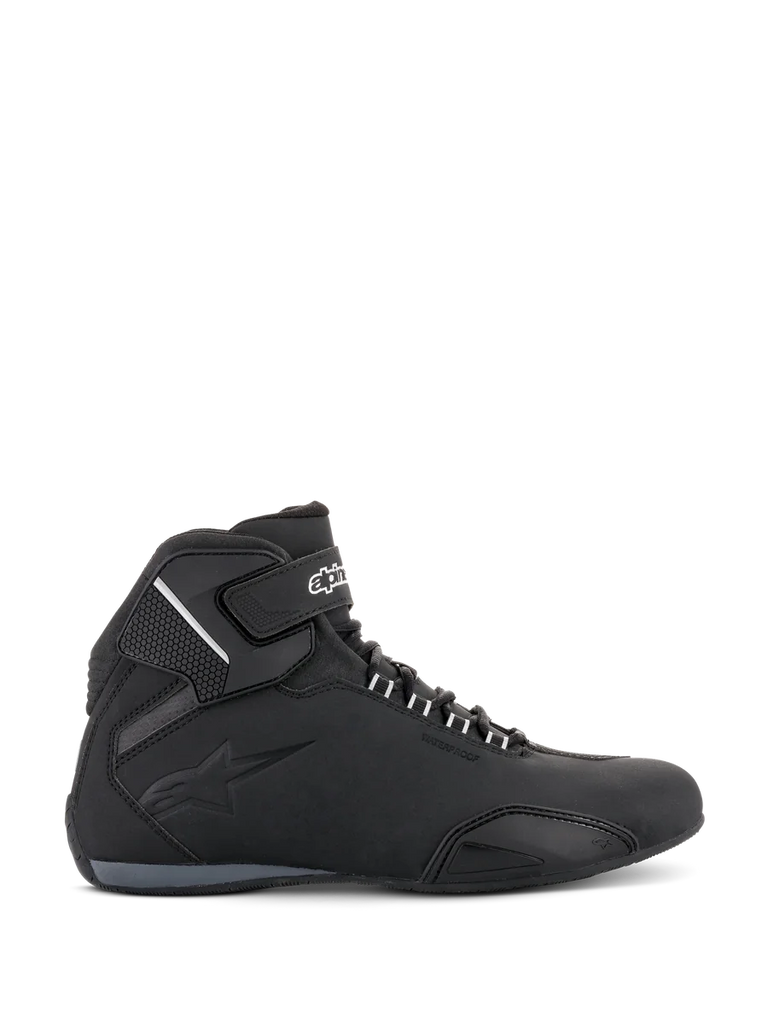 Alpinestars Sektor Waterproof Shoes, Motorcycle Riding Shoes, Black, side profile view, sleek microfiber chassis with waterproof membrane, reinforced toe-box, and secure hook-and-loop ankle strap