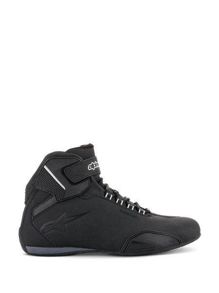 Alpinestars Sektor Waterproof Shoes, Motorcycle Riding Shoes, Black, side profile view, sleek microfiber chassis with waterproof membrane, reinforced toe-box, and secure hook-and-loop ankle strap