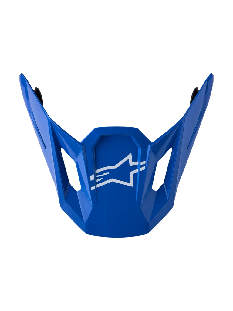 Alpinestars S-M7 Core Visor, glossy blue motocross helmet replacement part with a white star logo graphic.