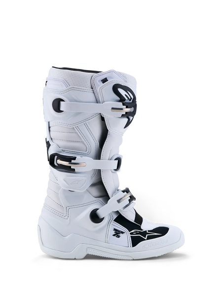 Alpinestars Youth Tech 7S Boots, junior motocross footwear in white and black with TPU protection, CE certified.