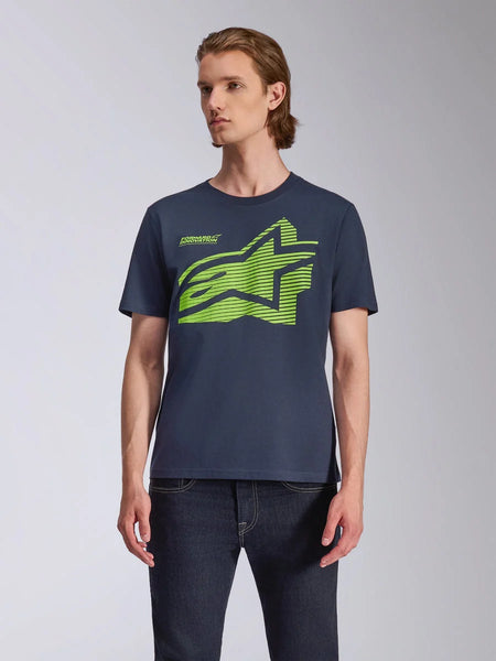 Alpinestars Fasting CSF Tee, Short Sleeve T-Shirt, Navy Blue, Large Lime Green Geometric Astars Logo, worn by model with dark jeans, Casual Motorsport Streetwear