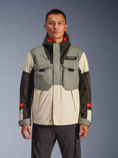 Alpinestars Mospher Waterproof Jacket, Men's Motorcycle Jacket, Fur Gray Black and Cream Colorblock, tactical-inspired design with chest pockets, high collar hood system, red accents on sleeves, urban commuter riding gear