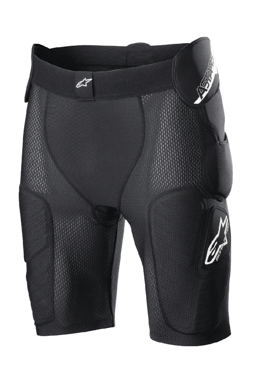 Alpinestars Bionic Action Protection Shorts, Black, featuring integrated hip and thigh padding, breathable mesh construction, elastic waistband with white logo, motocross and off-road protective gear