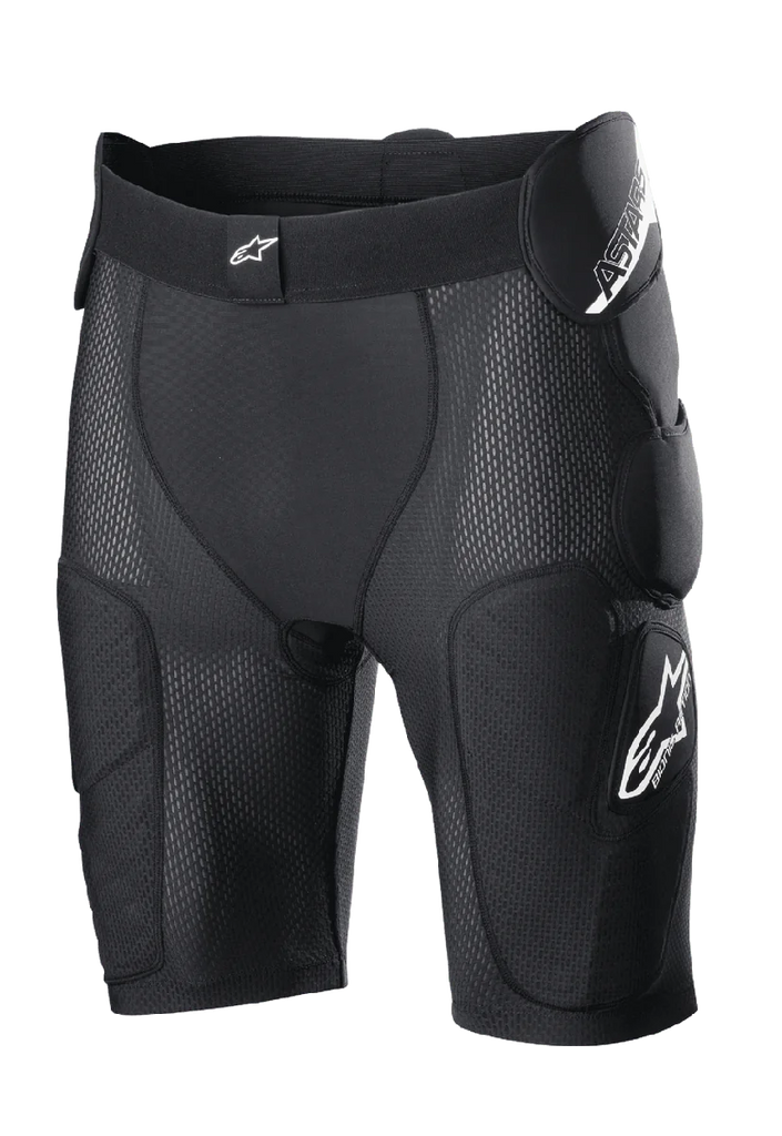 Alpinestars Bionic Action Protection Shorts, Black, featuring integrated hip and thigh padding, breathable mesh construction, elastic waistband with white logo, motocross and off-road protective gear
