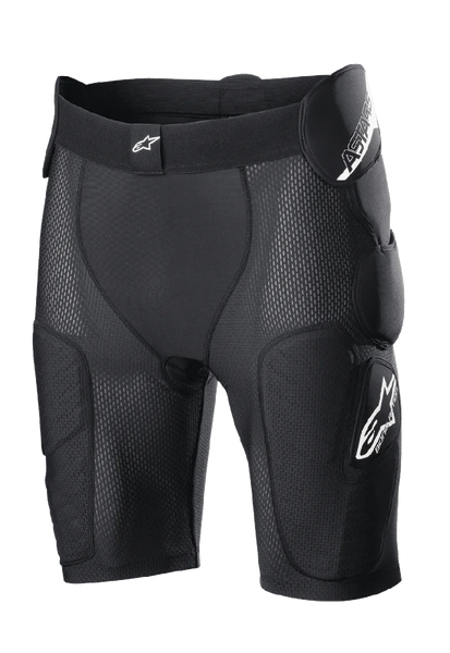 Alpinestars Bionic Action Protection Shorts, Black, featuring integrated hip and thigh padding, breathable mesh construction, elastic waistband with white logo, motocross and off-road protective gear