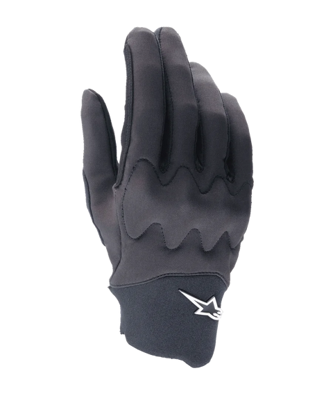 Alpinestars A-Supra Shield Gloves, MTB Cycling Gloves, Black, sleek design with wavy knuckle shield pattern, white star logo on the neoprene cuff, flexible and durable construction