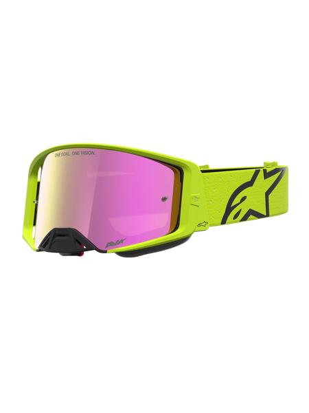 Alpinestars Supertech Vesta Motocross Goggles in Yellow Fluo and Black with a protective Pink Mirror lens for off-road riding.