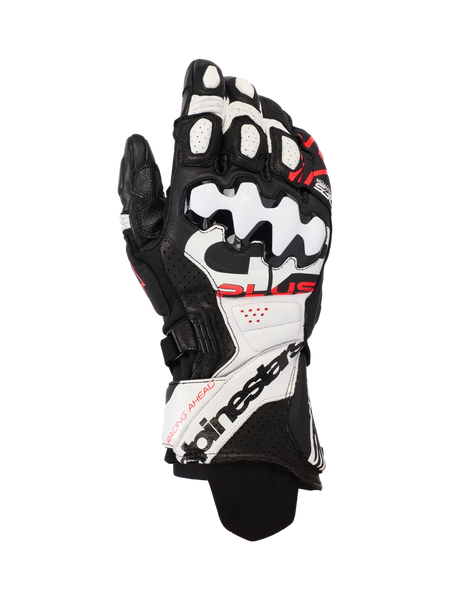 Alpinestars GP Plus R V3 Leather Gloves, Motorcycle Racing Gloves, Black White and Red Fluo, featuring premium leather construction with hard TPU knuckle protection, perforated panels for airflow, and bold branding on the extended cuff