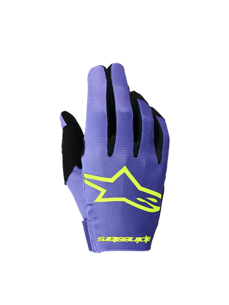 Alpinestars 2026 Radar Gloves, purple and yellow fluo motocross gloves featuring lightweight stretch construction.