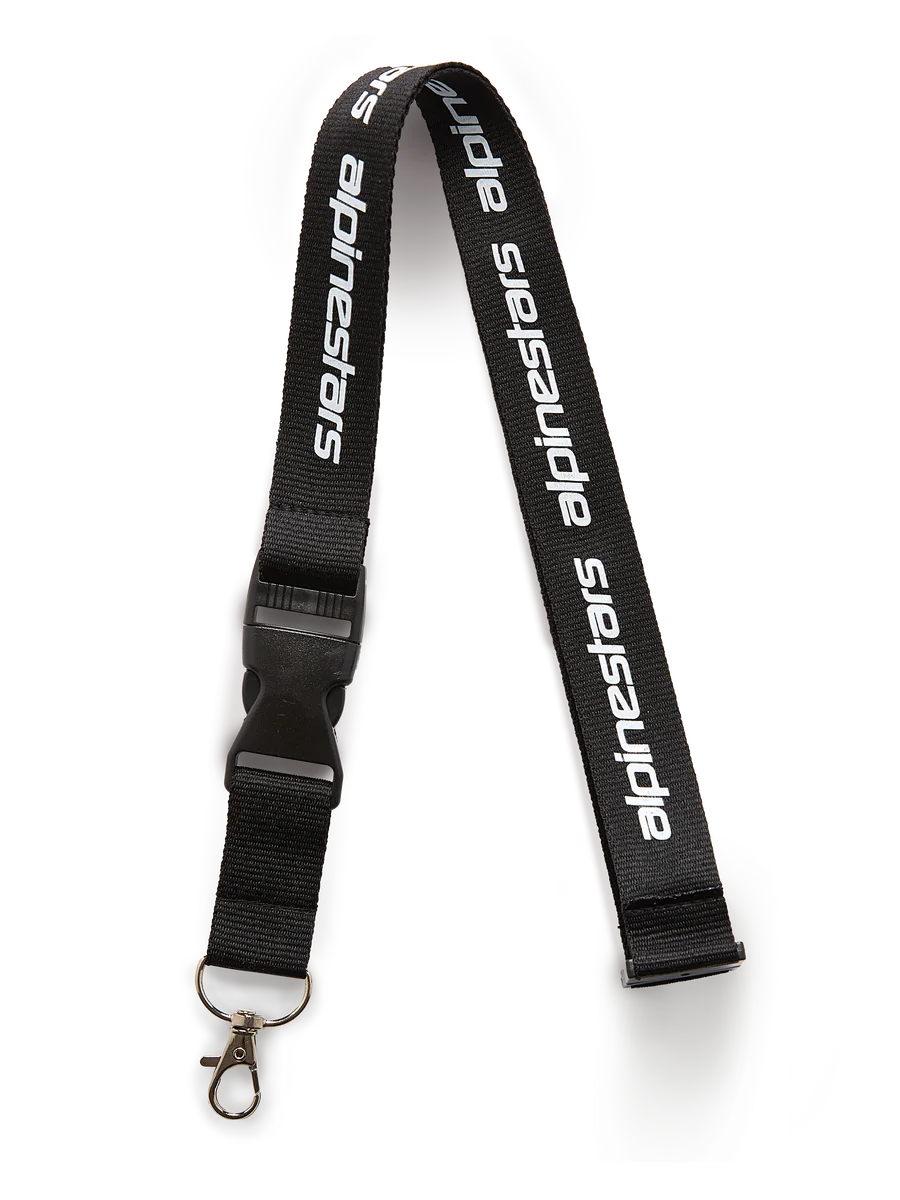 Alpinestars Linear Lanyard, Black and White, black strap with printed white Alpinestars word logo, featuring a black plastic breakaway buckle and a metal swivel hook, casual sportswear accessory
