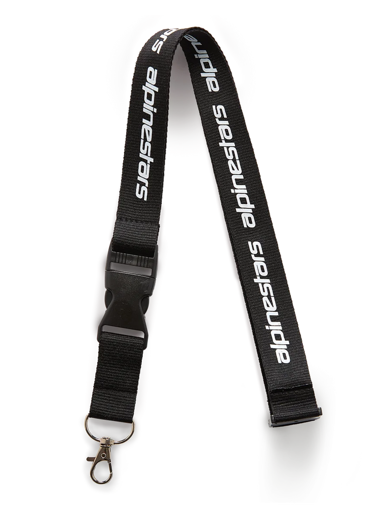Alpinestars Linear Lanyard, Black and White, black strap with printed white Alpinestars word logo, featuring a black plastic breakaway buckle and a metal swivel hook, casual sportswear accessory