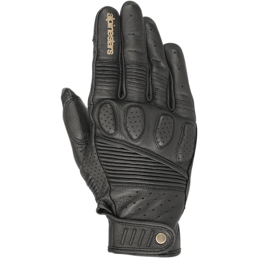 Alpinestars Crazy Eight Gloves, Black Leather Motorcycle Gloves, featuring accordion stretch panels on fingers and backhand, perforated knuckle padding, tan Alpinestars logo on index finger, and adjustable hook-and-loop wrist strap with circular logo detail.