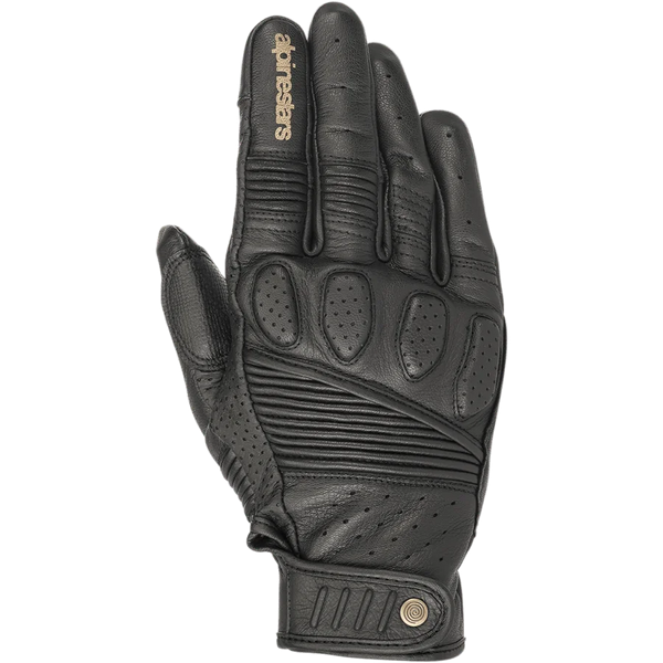Alpinestars Crazy Eight Gloves, Black Leather Motorcycle Gloves, featuring accordion stretch panels on fingers and backhand, perforated knuckle padding, tan Alpinestars logo on index finger, and adjustable hook-and-loop wrist strap with circular logo detail.