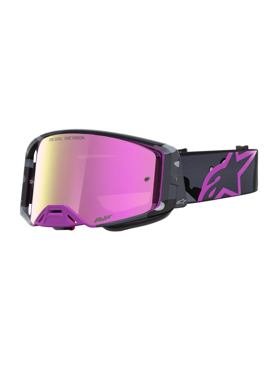 Limited Edition Supertech Lone Goggles, Motocross goggles with a mirror pink lens, camo purple frame, and printed strap featuring the Astars logo.