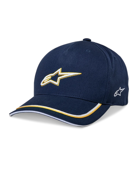 Alpinestars Ascension Snapback Hat, Baseball Cap, Navy Blue and Gold, 3D embroidered Astars logo, curved brim with yellow and white stripes, casual motorsport headwear