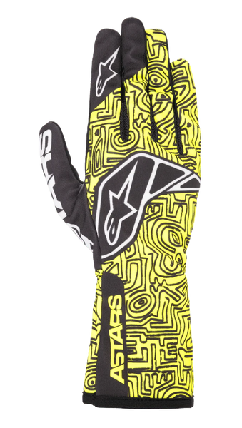 Alpinestars Tech-1 K Race V2 Vertical Gloves, Karting Racing Gloves, Yellow Fluo and Black, featuring a white star logo, intricate abstract line pattern, and ASTARS branding on the cuff, lightweight design for motorsport performance