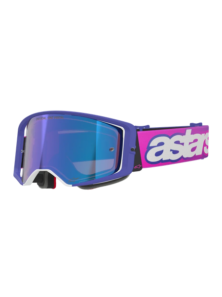 Alpinestars Supertech Vision Vista Goggles, Motocross Goggles, Purple frame with white accents and blue mirror lens, fluo pink strap with bold white 'astars' branding, professional off-road racing eyewear